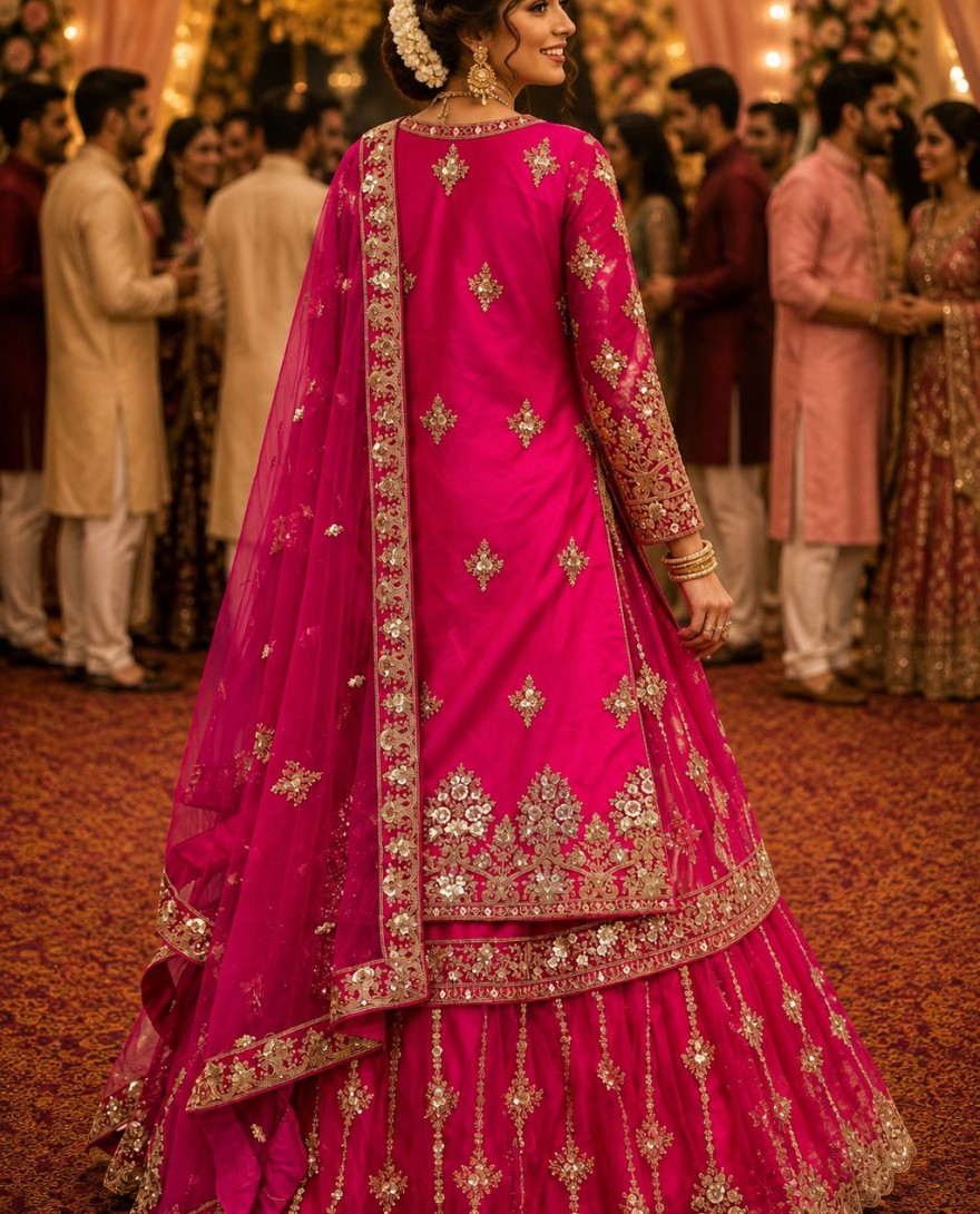 1205 - Pink Embroidered, Sequins and Stone Work Net Lehenga Choli